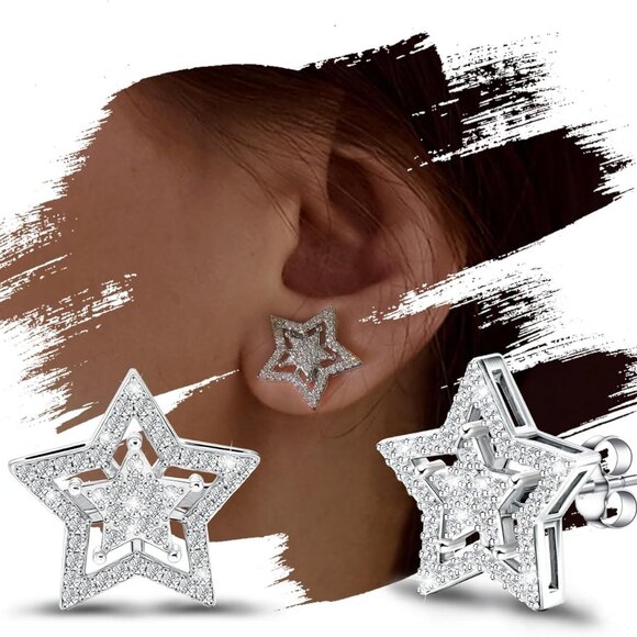 Sterling Silver Star Earrings for Women with Cubic Zirconia - Hypoallergenic, Da - Picture 1 of 7